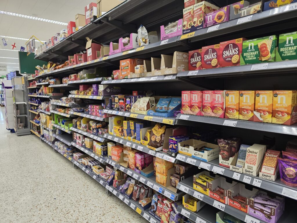 a shelf on an UK supermarket with free-from gluten foods