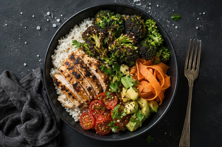what is the healthiest gluten-free diet - a plate with balanced whole food gluten-free foods, such rice, chicken, broccoli, avocado, carrots and cherry tomatoes